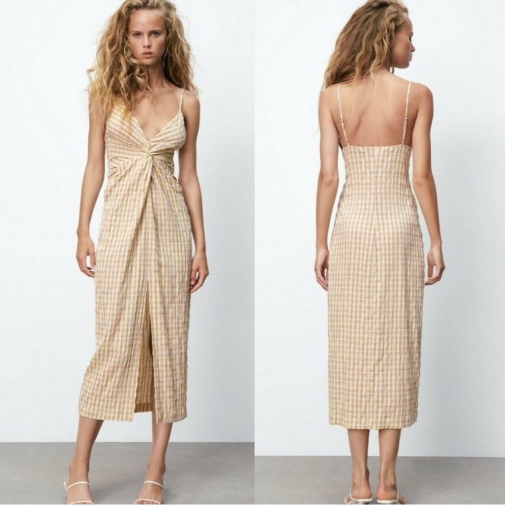 Zara gingham knot detail front slit midi dress